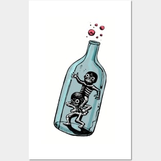 Playing skeletons in glass bottle Posters and Art